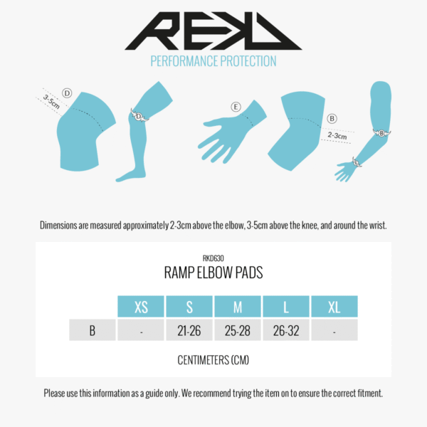 RKD630 REKD Ramp Elbow Pads Size Guide REKD Ramp Elbow Pads